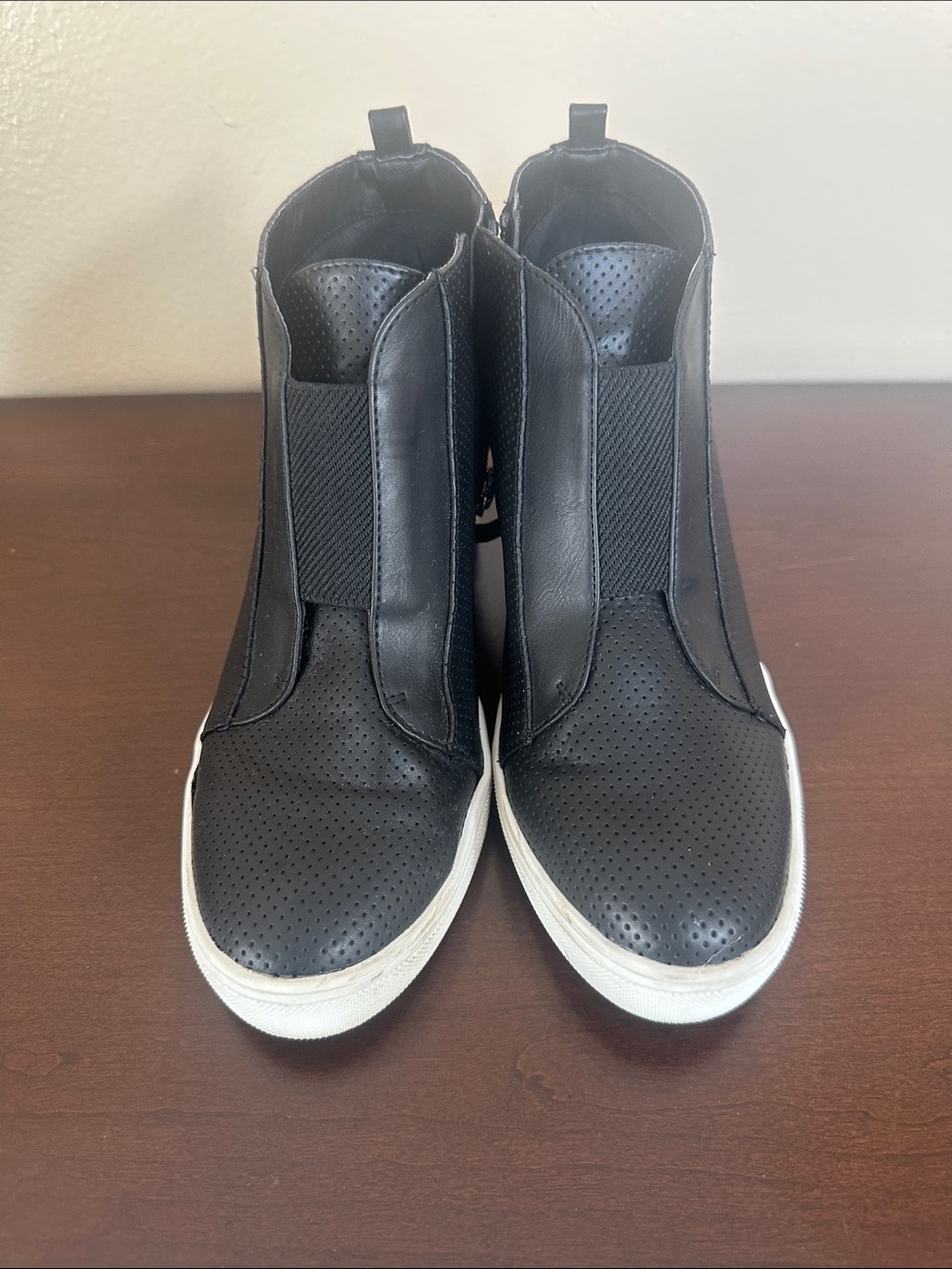 MIA Black Perforated Wedge Sneakers with White Sole